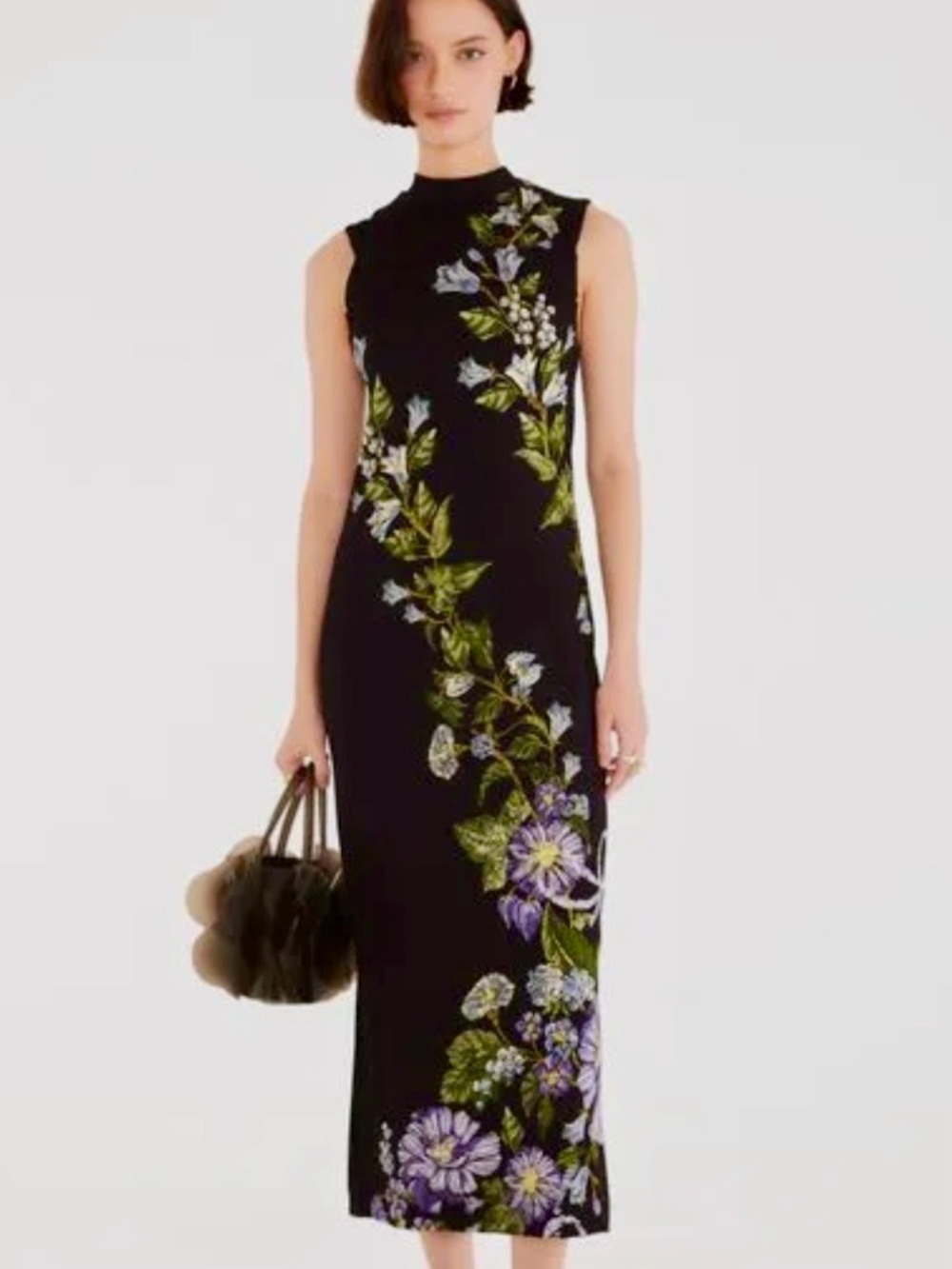 FARM Rio Black Midi Dress with Green and Purple Floral Vine